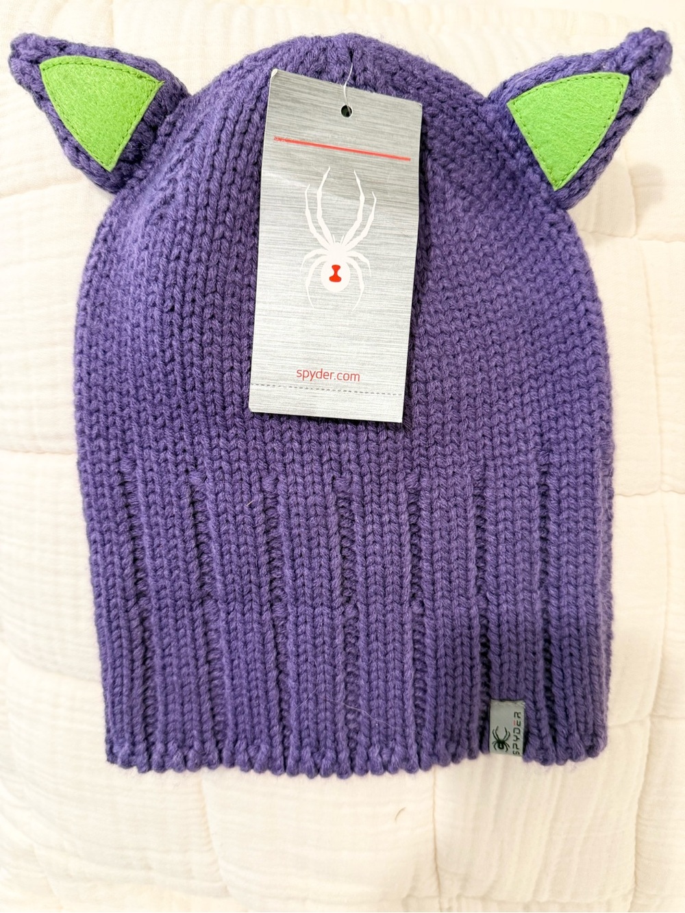 NWT | Spyder Kids One Size Ski Beanie Knit Cat Ear Purple and Green - Picture 4 of 16